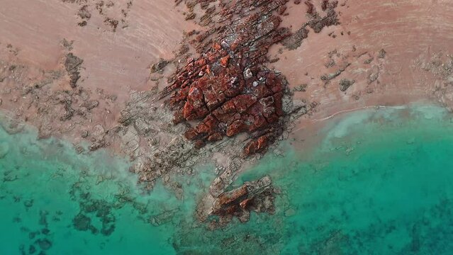 Aerial footage, birds eye view of beautiful beach in Broome, Western Australia