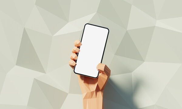 Low poly style hand-holding smartphone with blank screen - polygonal style background 