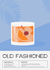 Old Fashioned Cocktail on the rocks garnish with orange slice and maraschino cherry. Whiskey with ice aperitif tropical vertical poster. Minimalistic trendy alcoholic beverage. Vector illustration.