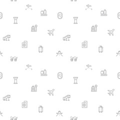 Vector monochrome seamless pattern airport, flight, runway, tower, landing, travel, baggage, arrival, tourism background on white backdrop. Repeat abstract texture.