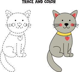 Trace and color cute gray cat. Worksheet for children.