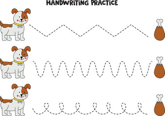 Tracing lines for kids. Cute dog and bone. Writing practice.