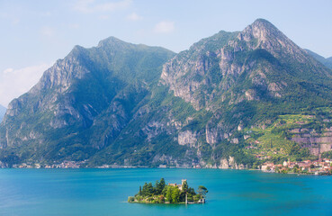 Lake Iseo and the Surrounding Mountains, with Loreto Island (Isola di Loreto) and Castello della Isola di Loreto
