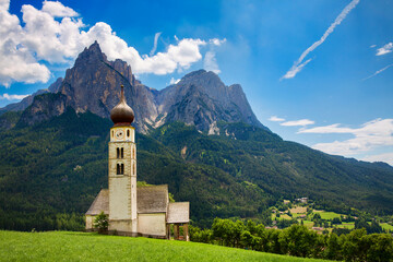 St Valentine's Church, Seis am Schlern, Italy, with the Impressive Mountain Schlern in the Background