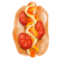 American style hot dog watercolor painiting illustration food