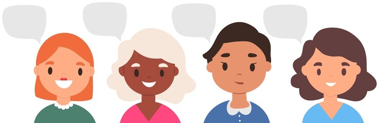 Variety of  illustrated female character faces. Different nationalities, facial expressions and emotion. Hand drawn people in colourful trendy clothes. For Web, App design.