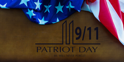 9 11 Memorial Illustration reading Never Forget with photograph of an american flag. 