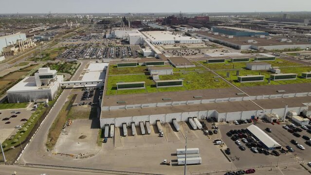 Tucking Aerial Shot of Ford Rouge Electric Vehicle Center, Assemble thenew F150 Lightening