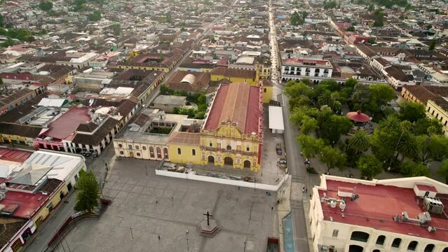 drone shot rotating over the main square, the atrial cross, the convent in san cristobal de las casas in chiapas, mexico