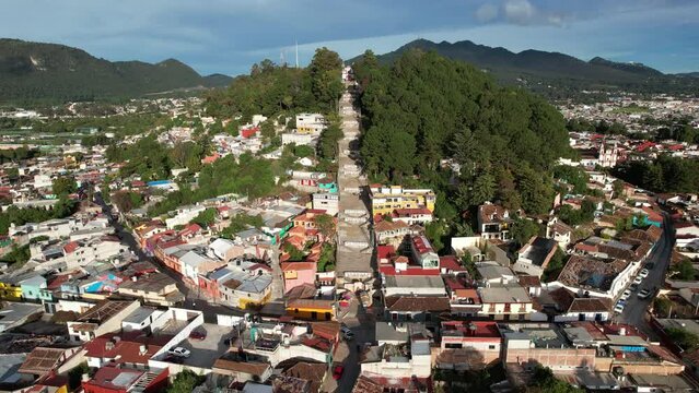 drone shot showing the traditional staircase to the church of san cristobalito, in san cristobal de las casa, chiapas, mexico