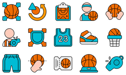 Set of Vector Icons Related to Basketball. Contains such Icons as Pass, Plan, Player, Rebound, Referee, Shirt and more.