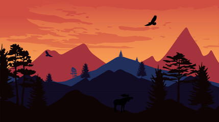 Beautiful landscape with forest, mountains, and sunset in vector format. Trendy illustration for postcards, wallpaper, banners. Panorama view of wild nature. Hand drawn enviroment.