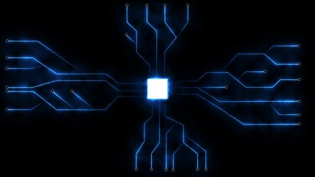 Concept animation of turning on of CPU microprocessor in motherboard with signals and connection propagating in circuit network. 