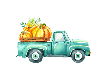 Vintage watercolor turquoise truck. Autumn farm illustration of old retro car with pumpkins and leaves decor. © iri.art