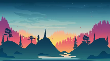 Gordijnen Beautiful landscape with forest, mountains, and sunset in vector format. Trendy illustration for postcards, wallpaper, banners. Panorama view of wild nature. Hand drawn enviroment. © Erik