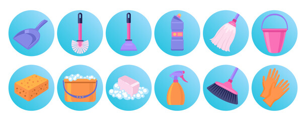 Tools for cleaning set. Collection of vector flat icons.	Housekeeping equipment and chemistry.