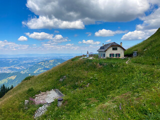 Montreux, Switzerland: 01-08-2022: Panorama of the Switzerland Alpine mountains. Ridges, peaks and lake are visible in the background. Beautiful view in the French Canton.