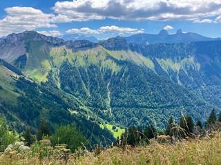 Fototapeta na wymiar Montreux, Switzerland: 01-08-2022: Panorama of the Switzerland Alpine mountains. Ridges, peaks and lake are visible in the background. Beautiful view in the French Canton.