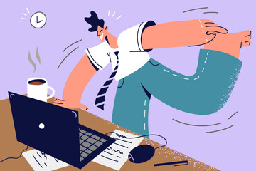 Smiling employee exercising at work desk 