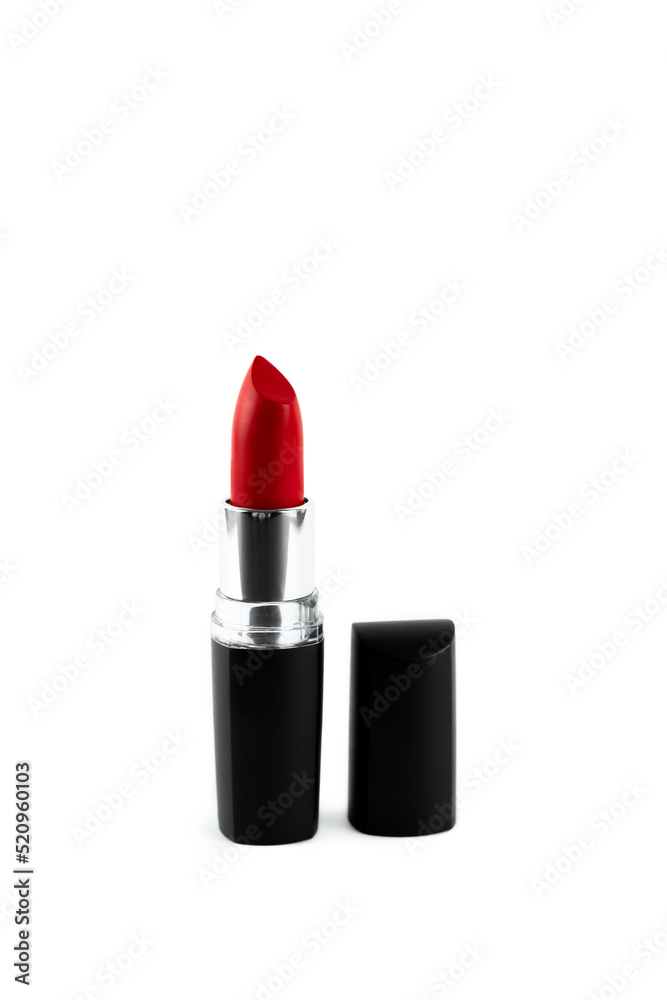 Wall mural Red lipstick isolated on white background. Make up, gloss in black case