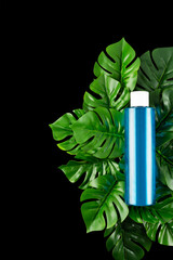 Blue Bottle with tropical monstera leaf on isolated black background close up. Brand packaging mockup. Moisturized, skincare beauty micellar water or serum. Natural herbal cosmetics concept