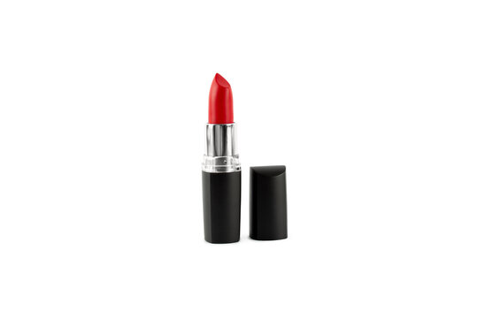 Red lipstick isolated on white background. Make up, gloss in black case