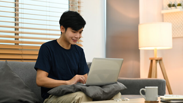 Smiling young asian man relaxing on couch and using laptop computer