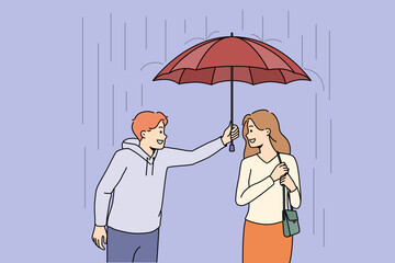 Caring young man sharing umbrella with pretty woman outdoors. Smiling male gentlemen protect female from rain outside. Vector illustration.  - obrazy, fototapety, plakaty