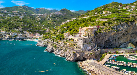 Amazing aerial view of Maiori and Minori along Amalfi Coast in summer season, Italy. Drone viewpoint