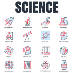 Obraz premium Set of Science icon logo vector illustration. meteorology, medicine, geometry, gemology, botany, zoology, philosophy and more pack symbol template for graphic and web design collection
