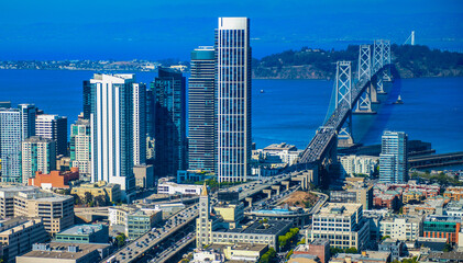 Aerial view of Downtown San Francisco and Bay Bridge from helicopter, California - USA