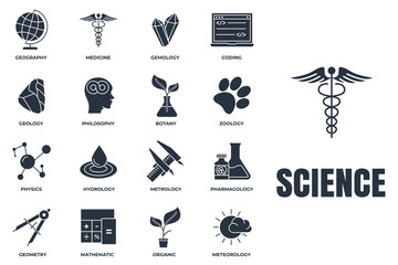 Set of Science icon logo vector illustration. meteorology, medicine, geometry, gemology, botany, zoology, philosophy and more pack symbol template for graphic and web design collection - obrazy, fototapety, plakaty