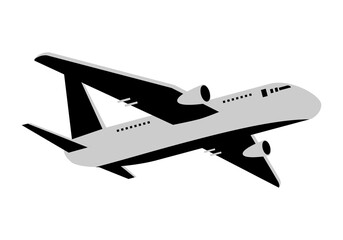 Gray and black airplane travel flying on white background sticker icon flat vector design.