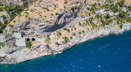 Amazing aerial view of beautiful Amalfi Coast in summer season, Italy. Drone viewpoint