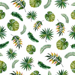 Watercolor tropical palm leaves seamless pattern. Aquarelle illustration. White background.