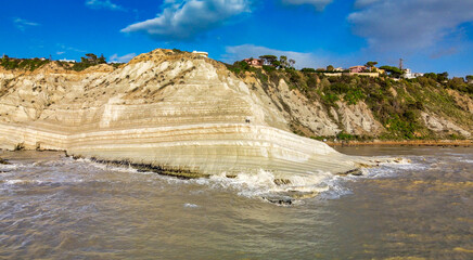Aerial drone viewpoint on Stair of the Turks. Scala dei Turchi is a rocky cliff on the southern coast of Sicily, Italy