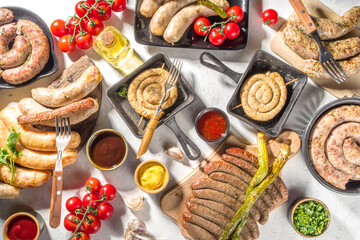 Assortment different fried sausages