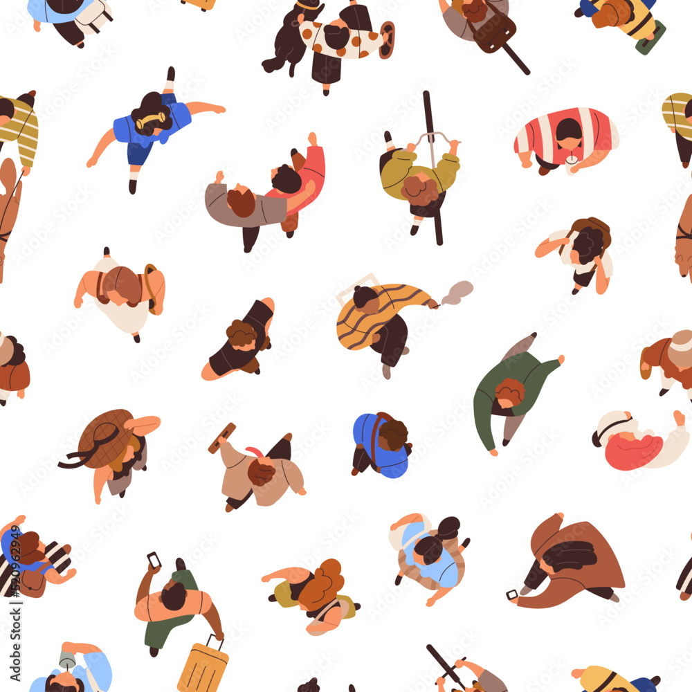 Fototapete Seamless pattern of people crowd top view. Many characters going on endless background. Repeating print of men, women overhead, moving outdoors on city streets. Colored flat vector illustration