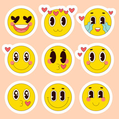 Emoticon design templates for posters, logos. Cartoon retro emoji set. Vintage icons sticker label in 70s, 80s, 90s style. Flat vector illustration. Cute stickers set emotions of love