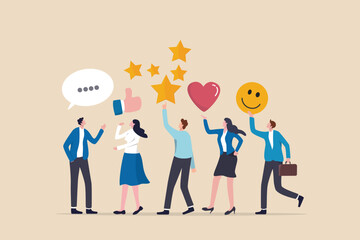Customer feedback, user experience or client satisfaction, opinion for product and services, review rating or evaluation concept, young adult people giving emoticon feedback such as stars, thumbs up. - 520962942