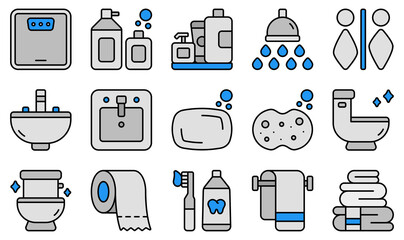 Set of Vector Icons Related to Bathroom. Contains such Icons as Scale, Shampoo, Shower, Sink, Soap, Toilet and more.