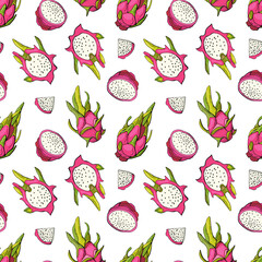 Red dragon fruit. Fruit seamless pattern with pitahaya. Design for fabric, textile, wallpaper, packaging.	