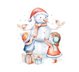 Watercolor Merry Christmas illustration with snowman, christmas tree, santa holiday invitation. Christmas gift celebration cards. Winter new year design.