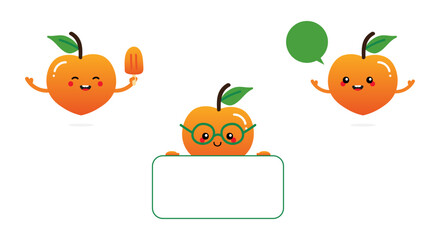 Set, collection of cute cartoon style peach fruit characters having fun, eating ice cream, talking, holding card.
