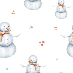 Watercolor Merry Christmas seamless pattern snowman, christmas tree, santa holiday invitation. Christmas gift celebration cards. Winter new year design.