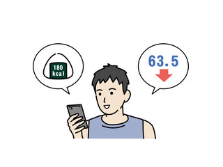 スマホでカロリー計算をする若い男性　体重管理　カロリーを調べる　ダイエット　イラスト