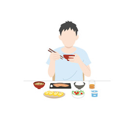 食生活　朝食を食べる　男性　健康的な食事　自炊　イラスト
