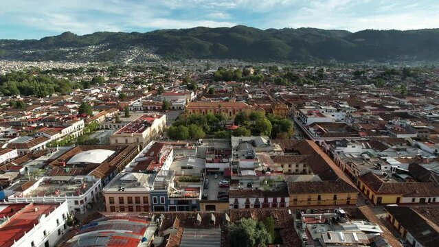 aerial view of the church and main square in san cristobal de las casas in chiapas mexico