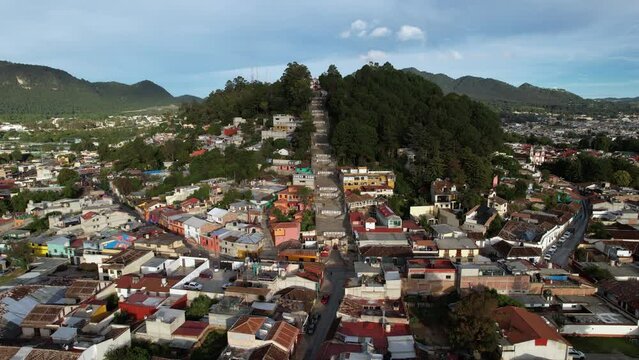 drone shot front view of the stairs of the church of san cirstobalito in san cristobal de las casas chiapas mexico