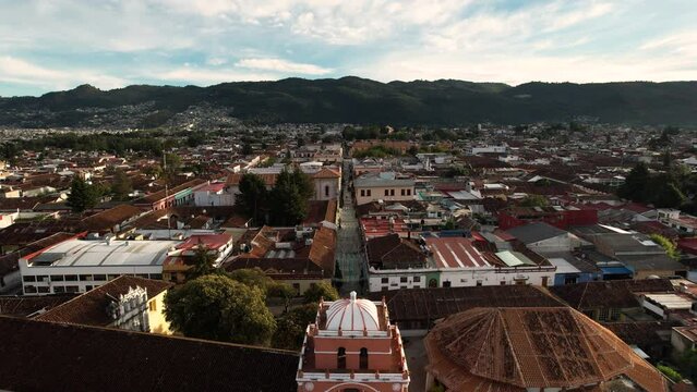 drone shot front view of the moorish style tourist walker of san cristobal de las casa in chiapas mexico